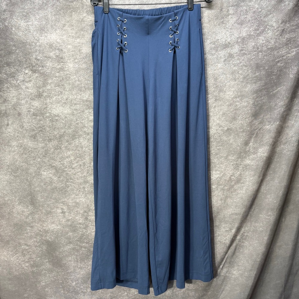 WynneLayers Woven Crepe Wide-Leg Pant with Lace-Up Detail Size M Navy Blue